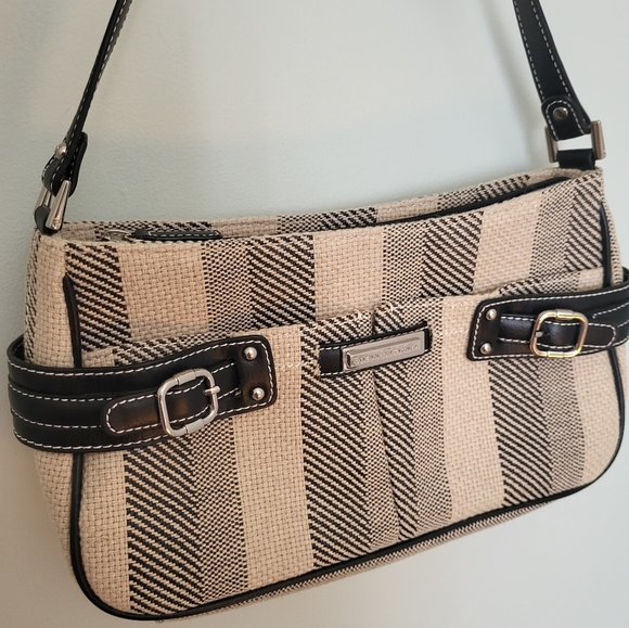 Etienne Aigner Linen Blend Small Shoulder Bag Striped Black Beige - Picture 2 of 14